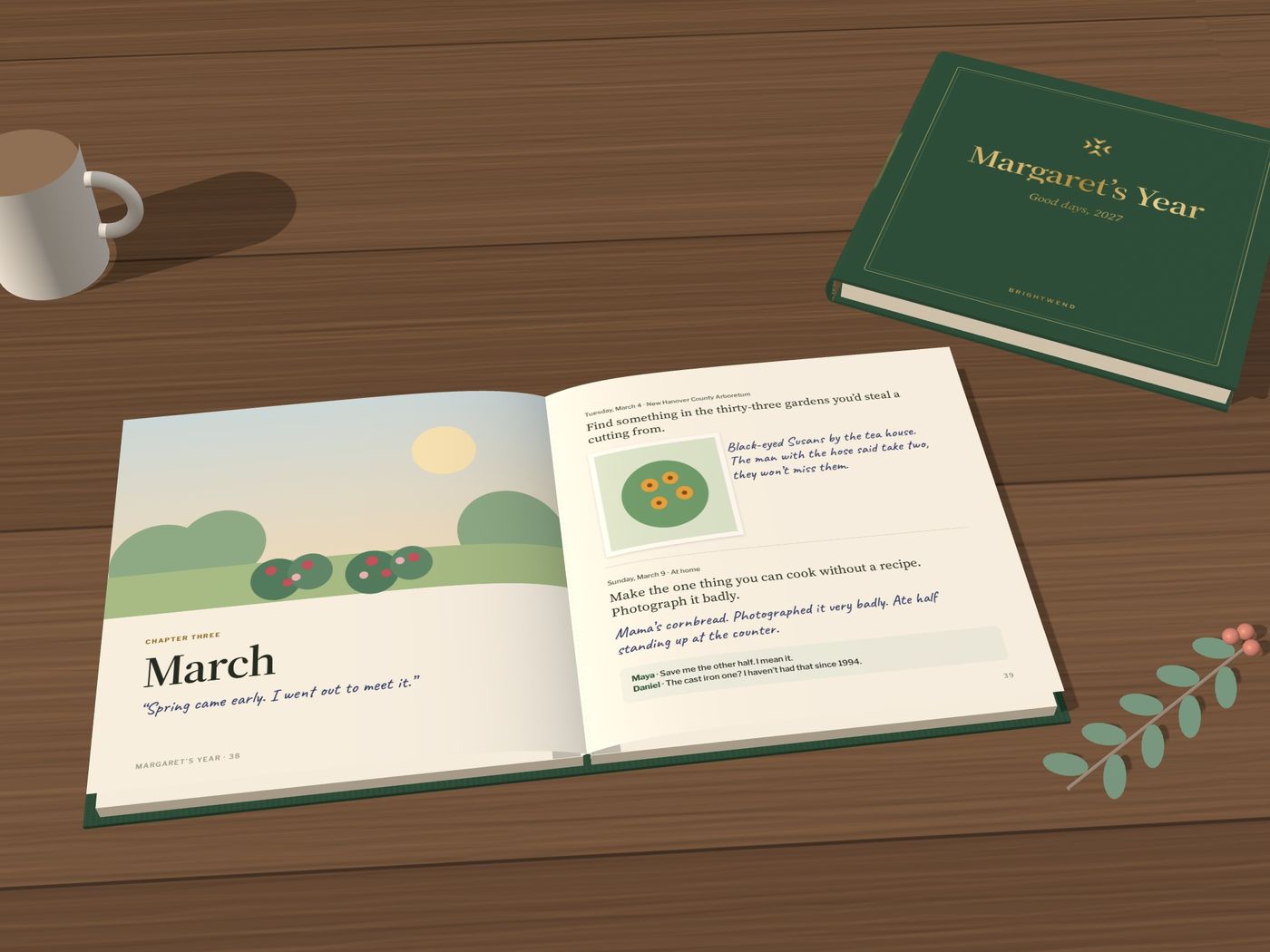Illustration only: The book open to March: a garden illustration, the day's tasks and Margaret's handwritten notes