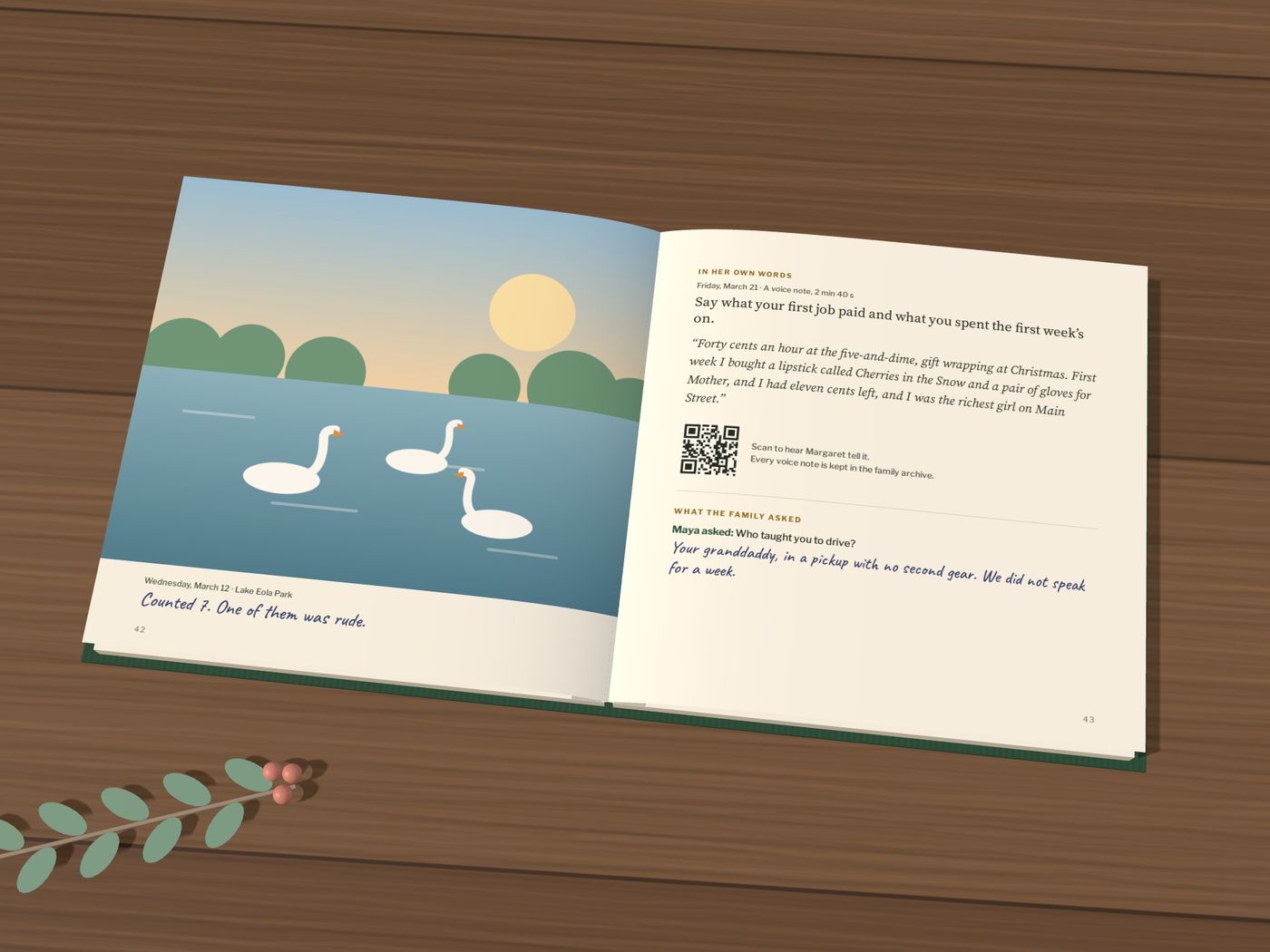 Illustration only: A spread with swans on a lake, the note 'Counted 7 swans. One of them was rude.' and a transcribed voice note with a QR code